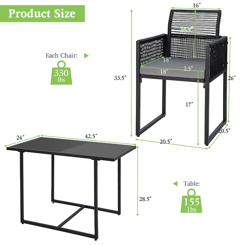 Costway 3PCS Patio Pe Wicker Furniture Set Cushioned Chairs with Folding Backrest Backyard