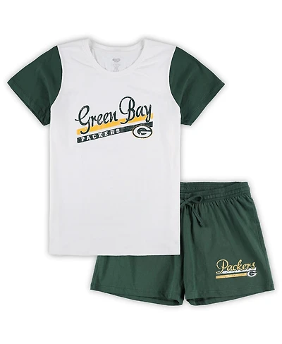Women's Concepts Sport White, Green Bay Packers Plus Downfield T-shirt and Shorts Sleep Set