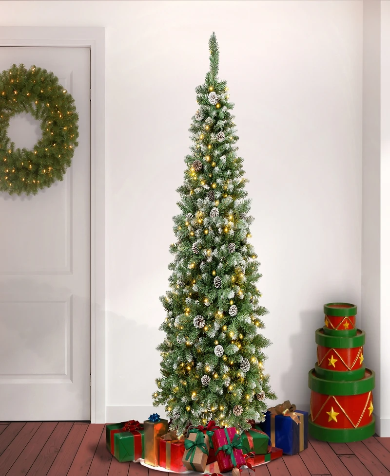 National Tree Company 6 ft. Oakley Hills Snow Slim Hinged Tree with 53 Pine Cones & 250 Warm White Led Lights