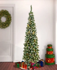 National Tree Company 6 ft. Oakley Hills Snow Slim Hinged Tree with 53 Pine Cones & 250 Warm White Led Lights