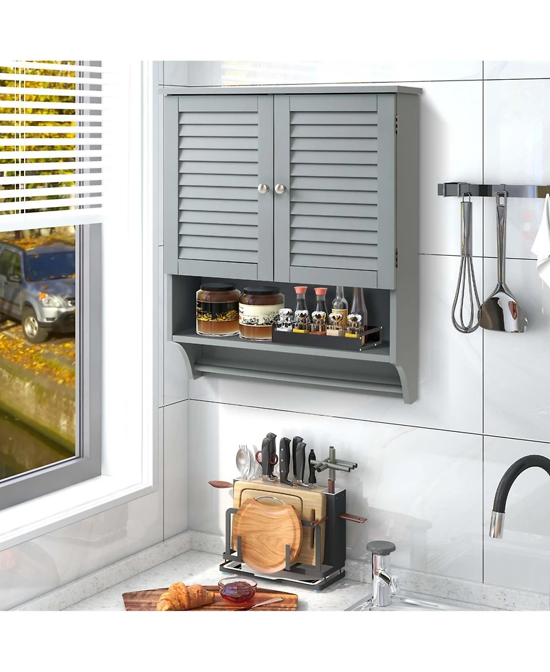 Bathroom Wall Mounted Medicine Cabinet with Louvered Doors & Towel Bar