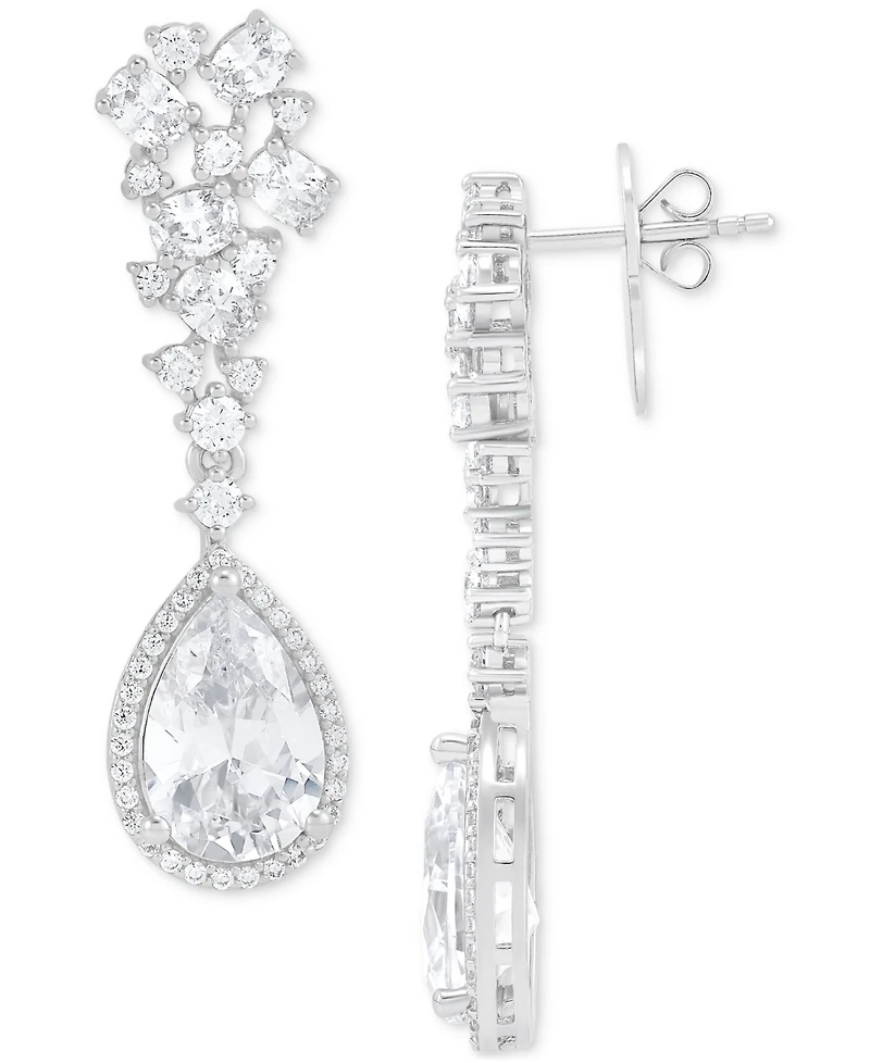 Arabella Cubic Zirconia Pear Halo Cluster Drop Earrings in Sterling Silver