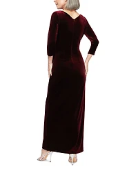 Alex Evenings Petite Velvet Side-Ruched 3/4-Sleeve Gown