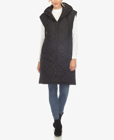 White Mark Women's Diamond Quilted Hooded Long Puffer Vest Jacket
