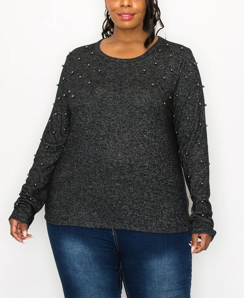 Coin 1804 Plus Size Cozy Long Sleeve Pullover Top with Gunmetal Studs
