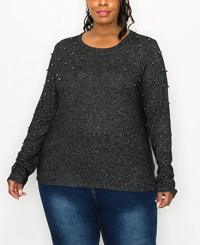 Coin 1804 Plus Size Cozy Long Sleeve Pullover Top with Gunmetal Studs