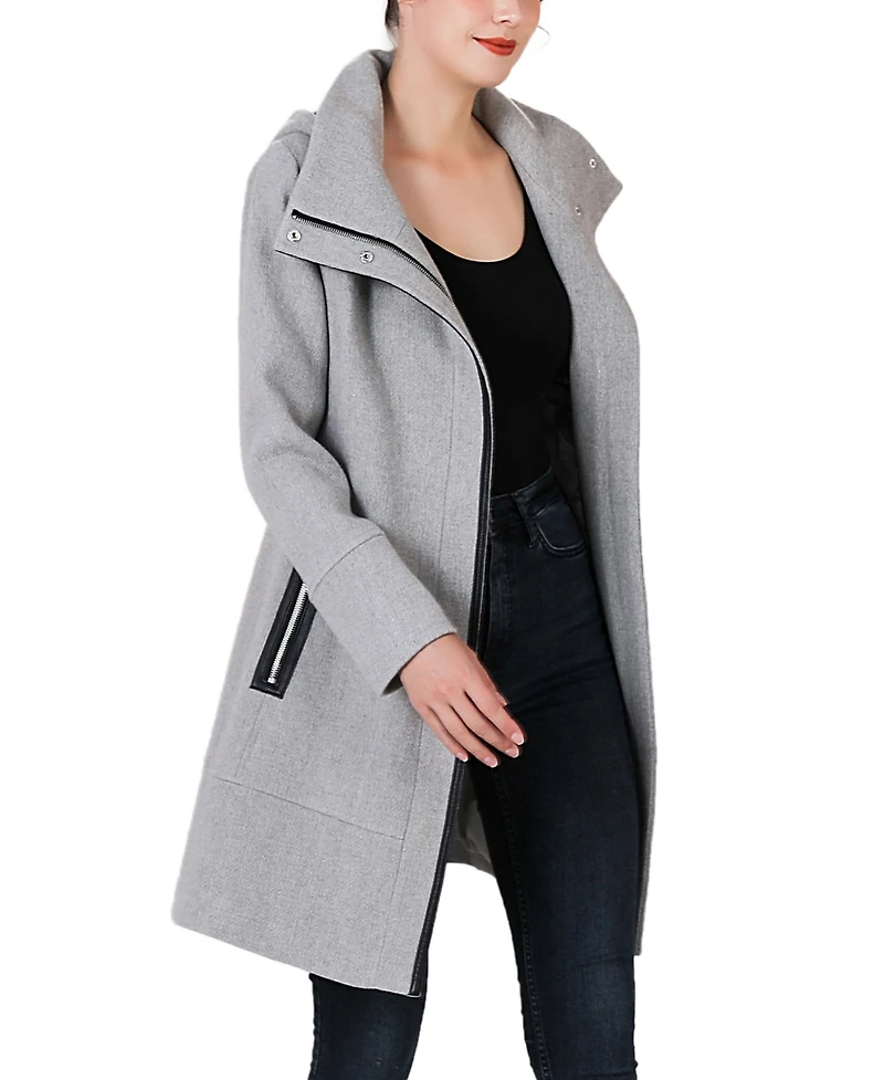 Kimi + Kai Women's Leah Asymmetrical Hooded Zipper Boucle Wool Coat