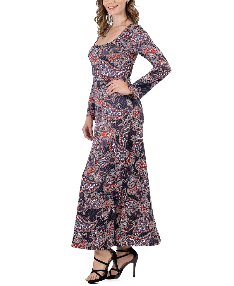 24seven Comfort Apparel Women's Long Sleeve Paisley A-Line Maxi Dress