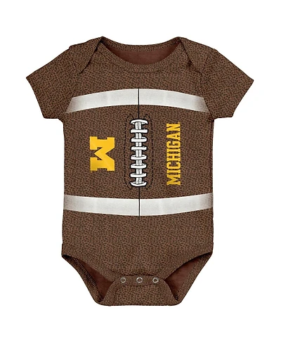 Newborn and Infant Boys Girls Brown Michigan Wolverines Catch Me Football Bodysuit