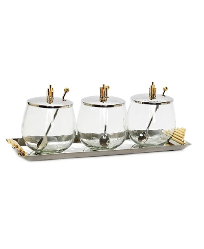 Hammered Tray with 3 Glass Bowls Symmetrical Design, Set of 10