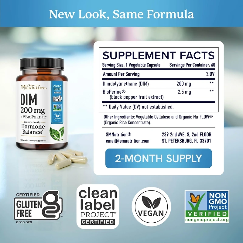 Dim 200mg with BioPerine, Estrogen Supplement for Women, Supports Hormone Balance, SMNutrition, 60 Capsules