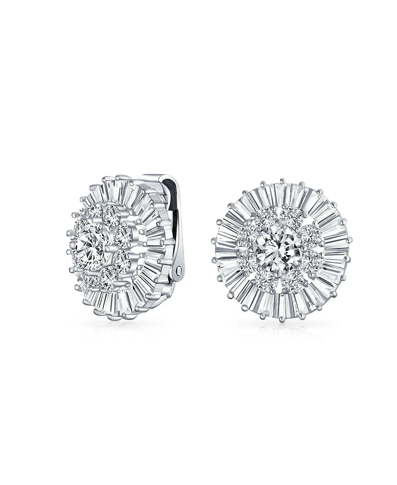 Bling Jewelry Cz Baguette Pave Round Cubic Zirconia Clip On Earrings Non Pierced Ears Brass