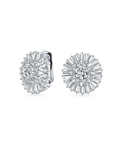 Bling Jewelry Cz Baguette Pave Round Cubic Zirconia Clip On Earrings Non Pierced Ears Brass