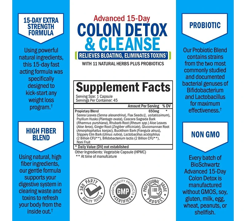 BioSchwartz Colon Cleanser & Detox for Weight Loss - 15 Day Fast-Acting Cleanse, Probiotic Fiber, Noni