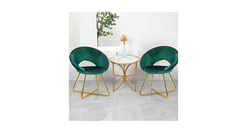 Set of 2 Accent Velvet Chairs Dining Chairs Arm Chair with Golden Legs Dark Green