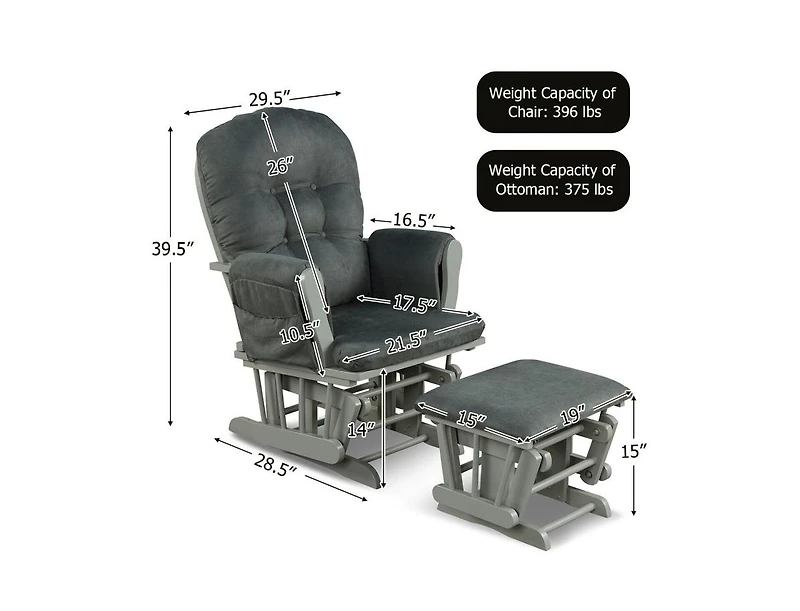 Wood Glider Chair and Ottoman Set with Padded Armrests Detachable Cushion