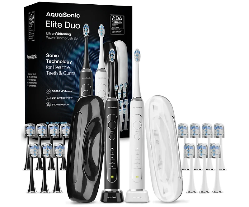 Elite Duo Rechargeable Electric Toothbrush Set – Ada Accepted, 5 Modes, 2 Travel Cases, 16 Brush Heads (Black/White)
