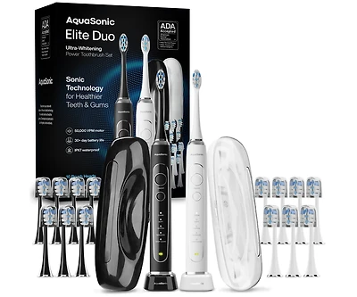 Elite Duo Rechargeable Electric Toothbrush Set – Ada Accepted, 5 Modes, 2 Travel Cases, 16 Brush Heads (Black/White)