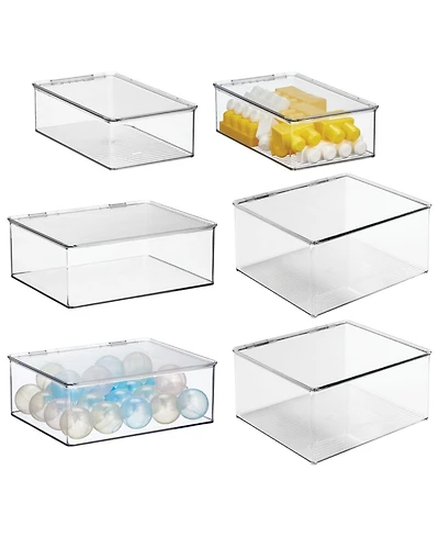 mDesign Plastic Stackable Playroom/Game Box with Hinged Lid, Set of 6, Clear