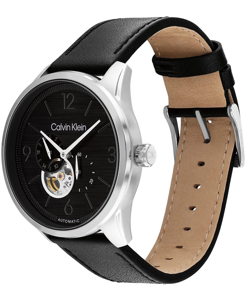 Calvin Klein Men's Automatic Black Leather Strap Watch 44mm