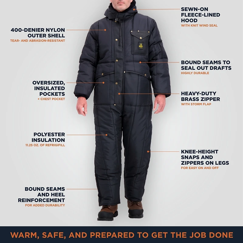 RefrigiWear Men's Iron-Tuff Insulated Coveralls with Hood - Heavy-Duty Cold Weather Gear for Extreme Conditions