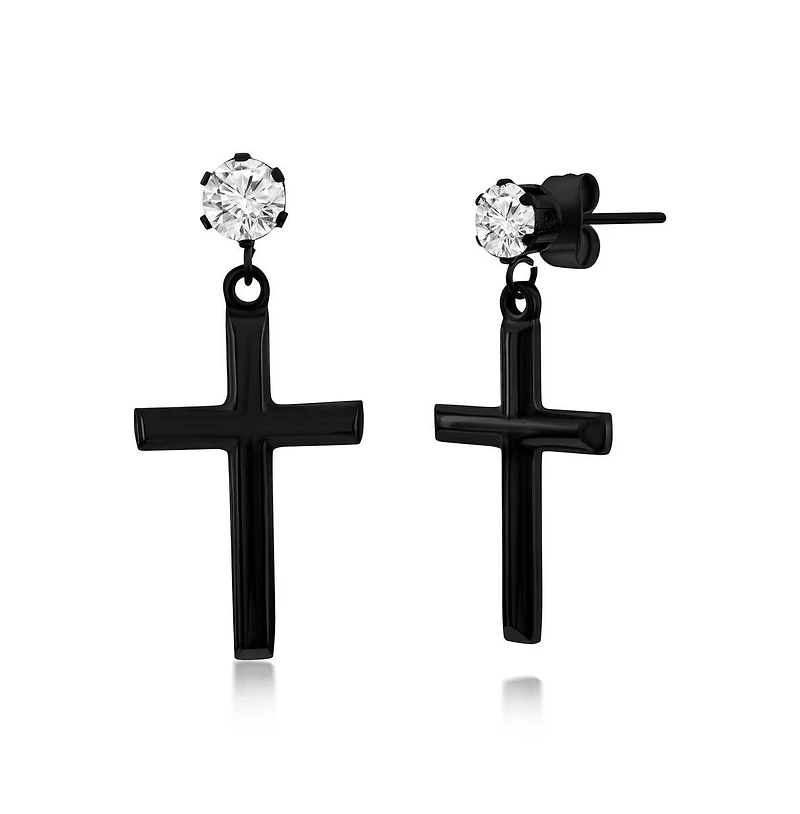 Stainless Steel Polished Cross & Cz Earrings