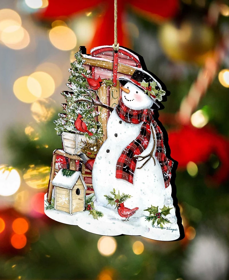 Designocracy Holiday Wooden Ornaments Snowman with Cardinals Home Decor Set of 2 S. Winget