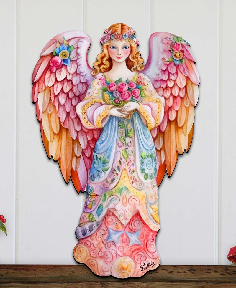 Designocracy Floral Angel Christmas Door Decor Wooden Wall Decor G. DeBrekht