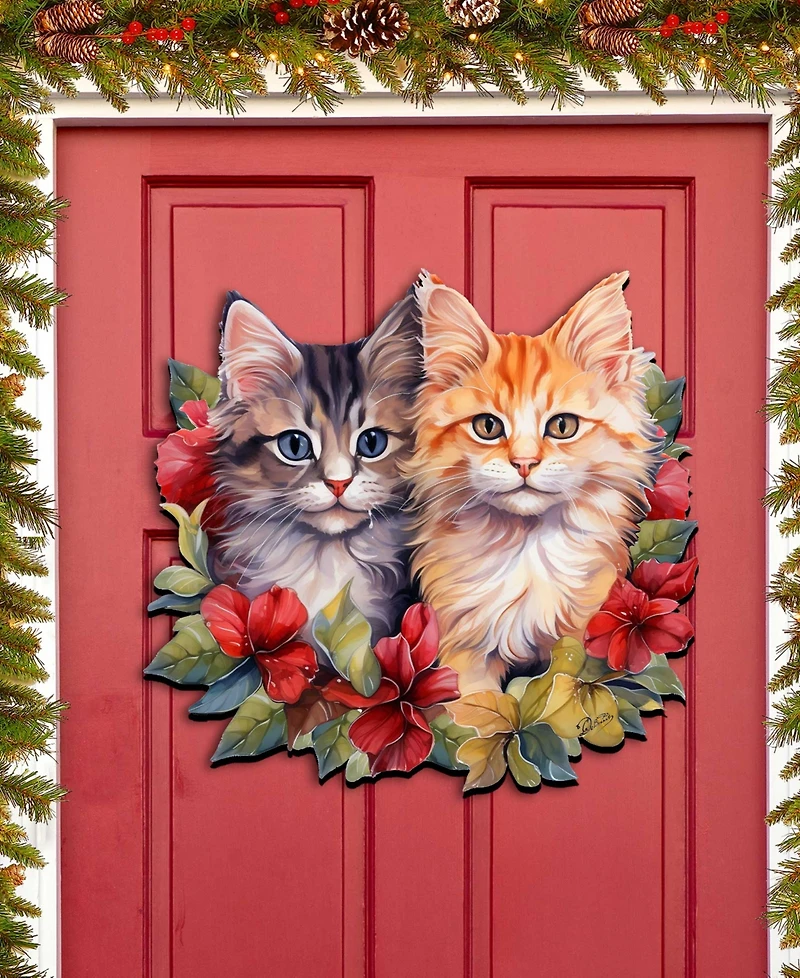Designocracy Cute Kittens Christmas Wooden Door Hanger Door Decor G. DeBrekht