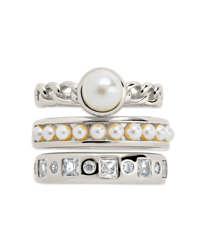 Sterling Forever Cubic Zirconia Genuine Shell Pearl Kimber Stacking 3 Piece Ring Set