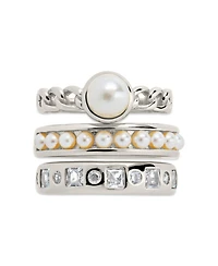 Sterling Forever Cubic Zirconia Genuine Shell Pearl Kimber Stacking 3 Piece Ring Set