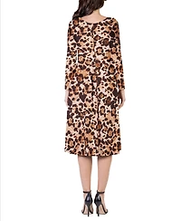 24seven Comfort Apparel Women's Print Long Sleeve Pleated Midi Dress