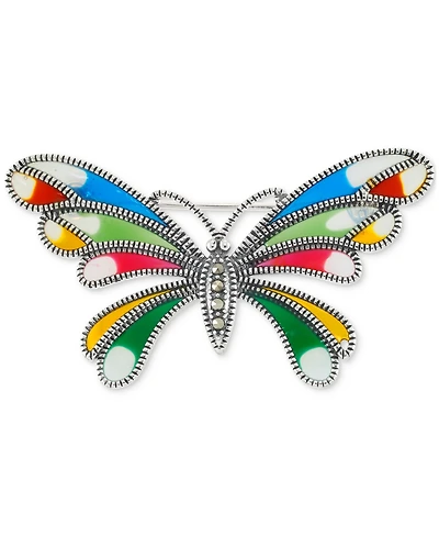 Marcasite (1/10 ct. t.w.), Cubic Zirconia, & Multicolor Enamel Butterfly Pin in Sterling Silver