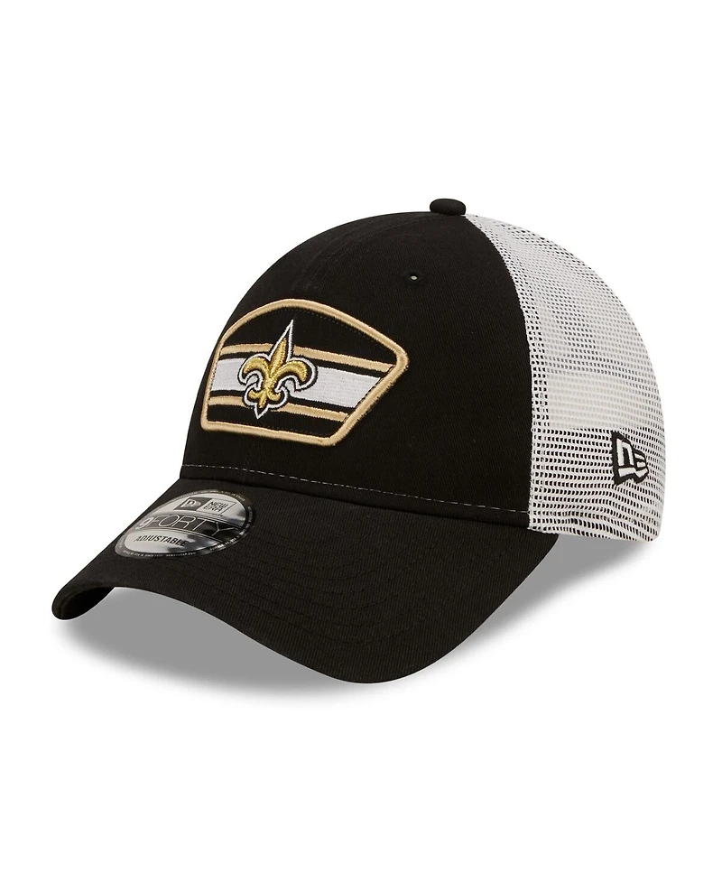 Men's New Era Black, White New Orleans Saints Logo Patch Trucker 9FORTY Snapback Hat