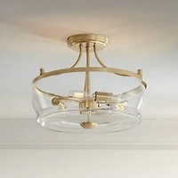 Possini Euro Design Alia Modern Industrial Ceiling Light Semi Flush Mount Fixture 14" Wide 3-Light Warm Brass Gold Clear Glass Shade for Bedroom Hallw