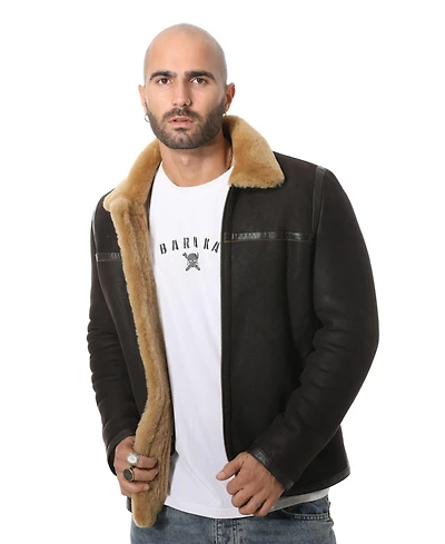 Furniq Uk Men's Leather Banded Sheepskin Casual Jacket, Washed Brown with Ginger Wool