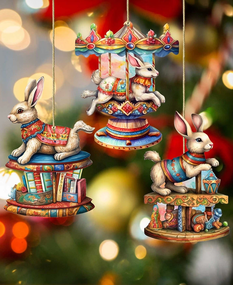Designocracy Carousel Bunnies Christmas Wooden Ornaments Holiday Decor Set of 3 G. DeBrekht