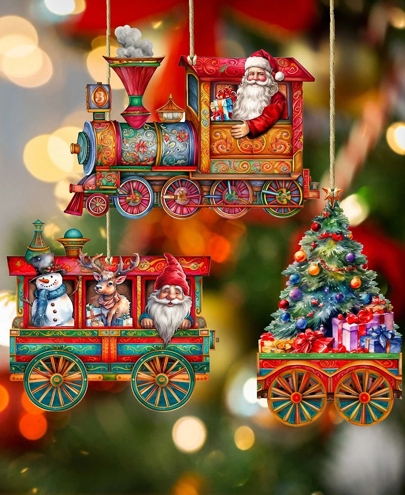 Designocracy Santa's Train Christmas Wooden Ornaments Holiday Decor Set of 3 G. DeBrekht