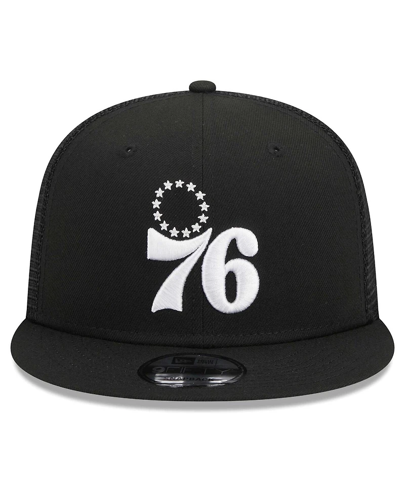 Men's New Era Black Philadelphia 76ers Evergreen 9FIFTY Trucker Snapback Hat