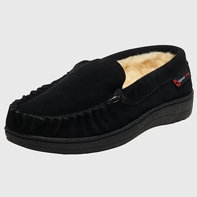 Alpine Swiss Men's Moccasin Slippers Genuine Suede House Shoe Memory Foam Insole Plush Faux Shearling Lining Comfy Indoor Outdoor Anti-Slip Rubber Sol