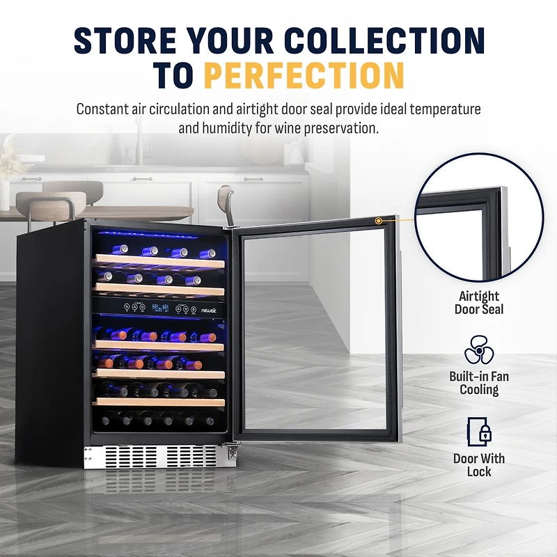 Newair 24 inch 46 Bottle Wine Cooler Refrigerator, Built-in Recessed Kickplate, Dual Zone Wine Fridge in Stainless Steel