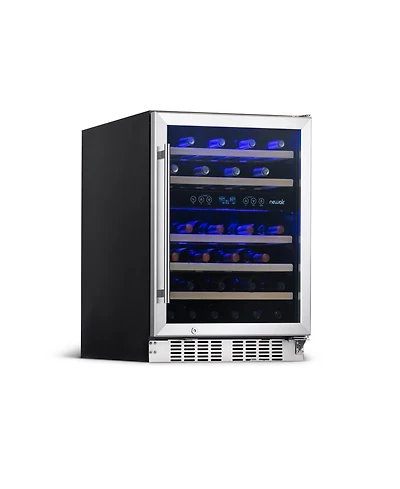 Newair 24 inch 46 Bottle Wine Cooler Refrigerator, Built-in Recessed Kickplate, Dual Zone Wine Fridge in Stainless Steel