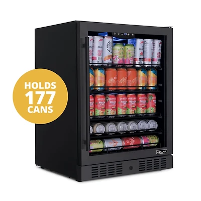 Newair 24" Beverage Refrigerator Cooler, 177 Can Black Stainless Steel with Triple-Layer Tempered Glass Door, Built-in Counter or Freestanding Fridge,