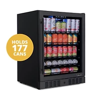 Newair 24" Beverage Refrigerator Cooler, 177 Can Black Stainless Steel with Triple-Layer Tempered Glass Door, Built-in Counter or Freestanding Fridge,