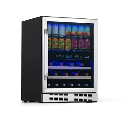 Newair 24" Built-in Dual Zone 20 Bottle and 70 Can Wine and Beverage Fridge in Stainless Steel with Split Shelf and Smooth Rolling Shelves
