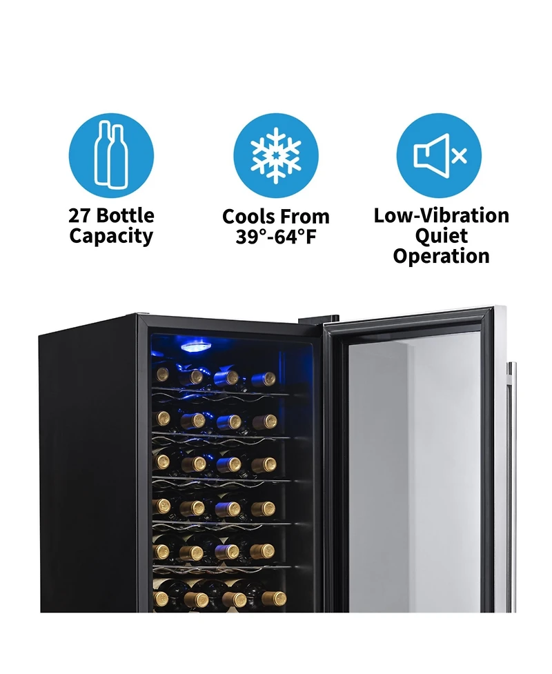 Newair Freestanding 27 Bottle Compressor Wine Fridge in Stainless Steel, Adjustable Chrome Racks and Exterior Digital Thermostat
