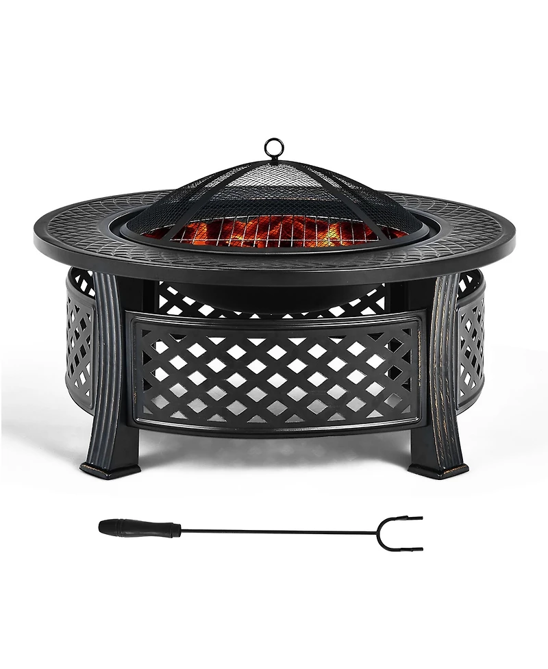 32'' Round Fire Pit Set W/ Rain Cover Bbq Grill Log Grate Poker