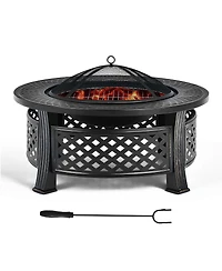 32'' Round Fire Pit Set W/ Rain Cover Bbq Grill Log Grate Poker