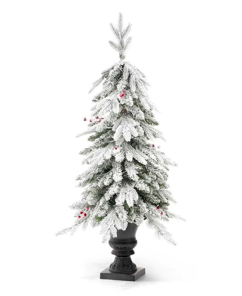 Glitzhome 4' Pre-Lit Flocked Fir Artificial Christmas Porch Tree with 100 Warm White Lights and Red Berries