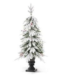 Glitzhome 4' Pre-Lit Flocked Fir Artificial Christmas Porch Tree with 100 Warm White Lights and Red Berries